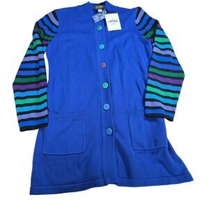 NWT Bob Mackie wearable art blue duster cardigan. Multicolor sleeves. Size M.
